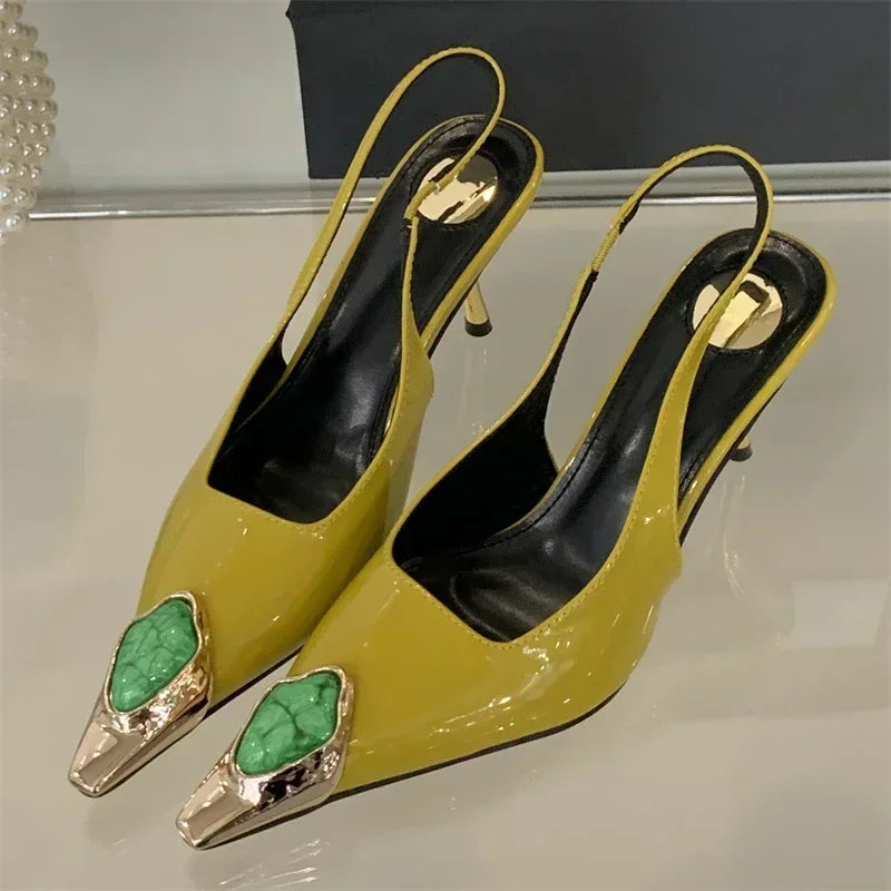 Women's Elegant Square-Toe Rhinestone Low-Heel Slingback Pumps, Sexy Metal Detail Dress Shoes for Weddings, Parties