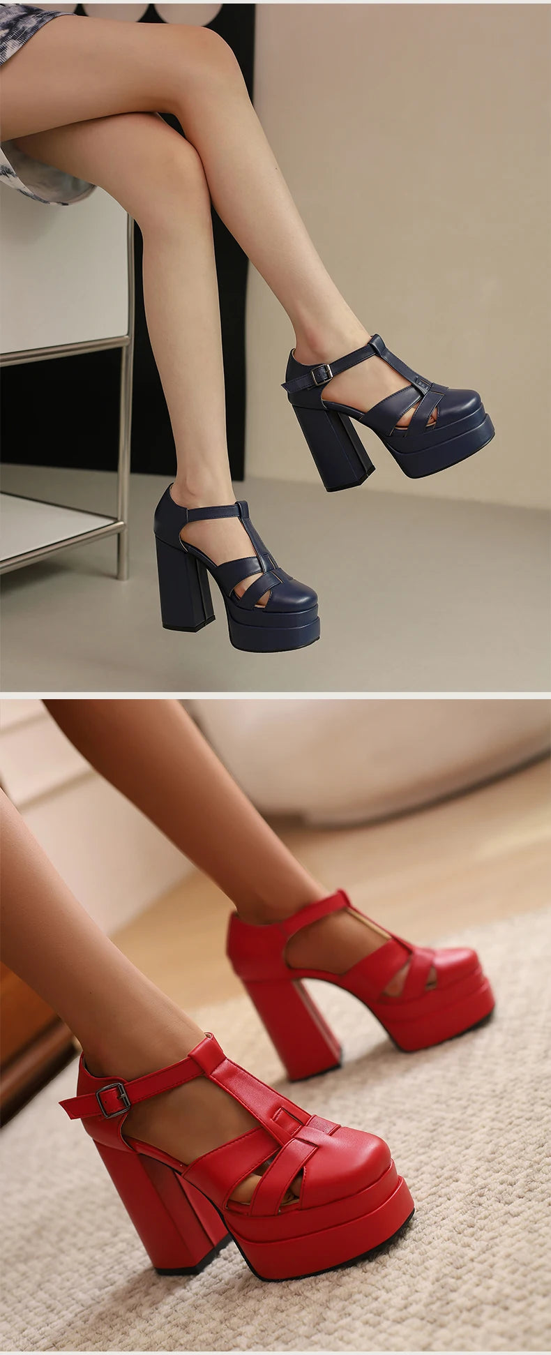 Plus‑Size Women Platform T‑Strap Sandals – Super High Thick Heel Fashion Sandals with Side Cutouts