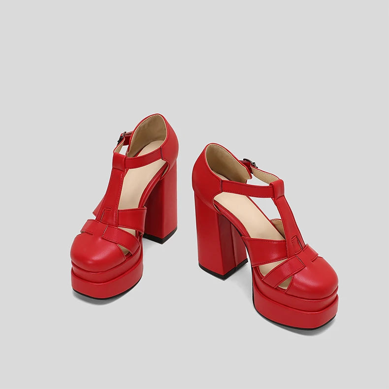 Plus‑Size Women Platform T‑Strap Sandals – Super High Thick Heel Fashion Sandals with Side Cutouts