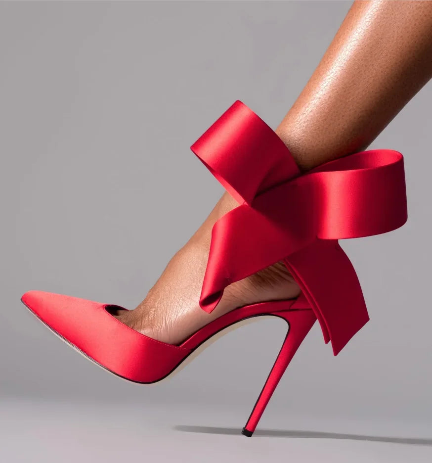 Women's Spotted Mesh Pumps with Big Bow, Pointed Toe Stiletto High Heels, Buckle Strap Dress Shoes for Party, Wedding & Banquet