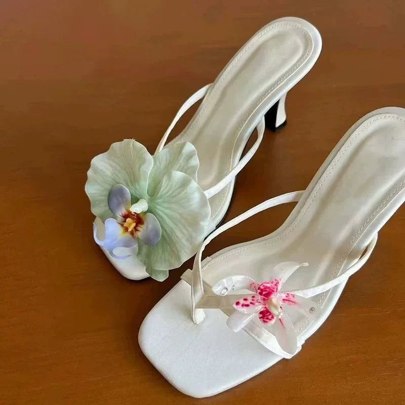 Hawaii Flower Heels – Asymmetrical Silk Clip‑Toe Sandals for Women | Summer Vacation Shoes