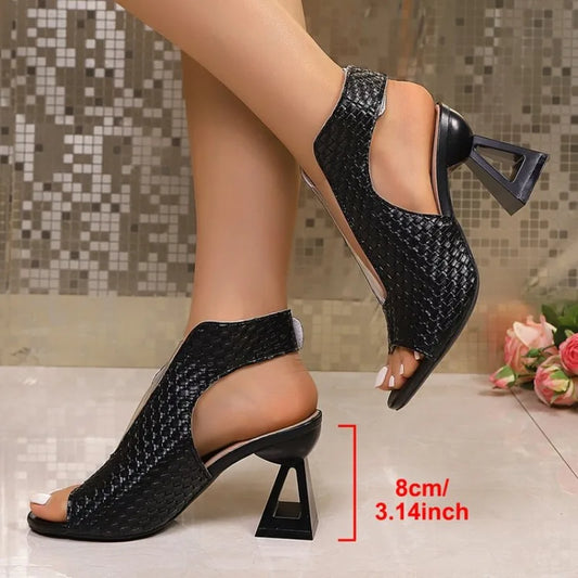 Open‑Toe Summer Heels – Casual Fretwork Mid‑Heel Sandals for Women