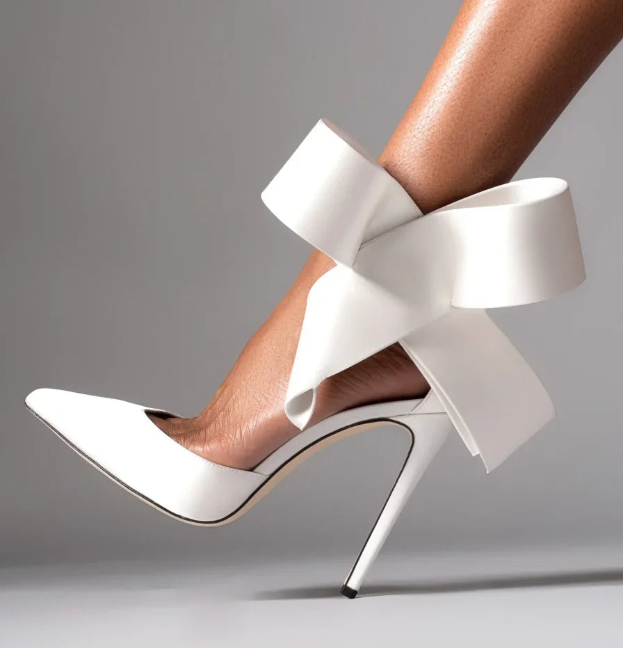 Women's Spotted Mesh Pumps with Big Bow, Pointed Toe Stiletto High Heels, Buckle Strap Dress Shoes for Party, Wedding & Banquet