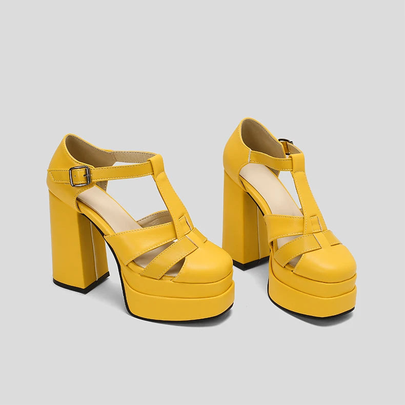 Plus‑Size Women Platform T‑Strap Sandals – Super High Thick Heel Fashion Sandals with Side Cutouts