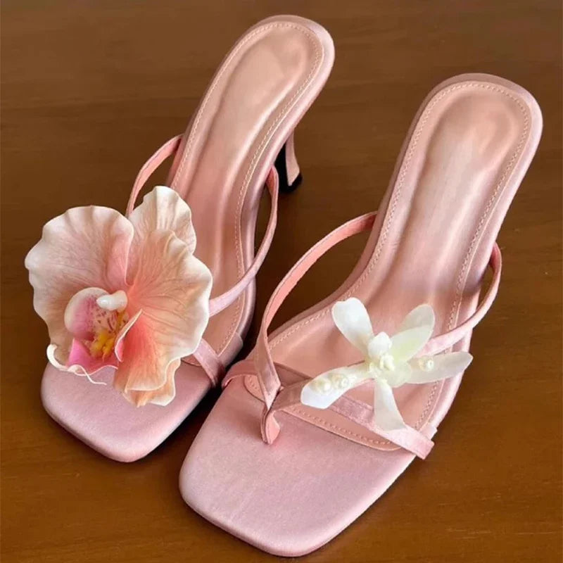 Hawaii Flower Heels – Asymmetrical Silk Clip‑Toe Sandals for Women | Summer Vacation Shoes