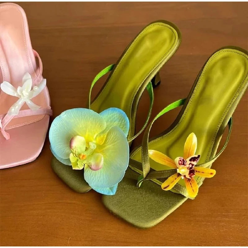 Hawaii Flower Heels – Asymmetrical Silk Clip‑Toe Sandals for Women | Summer Vacation Shoes