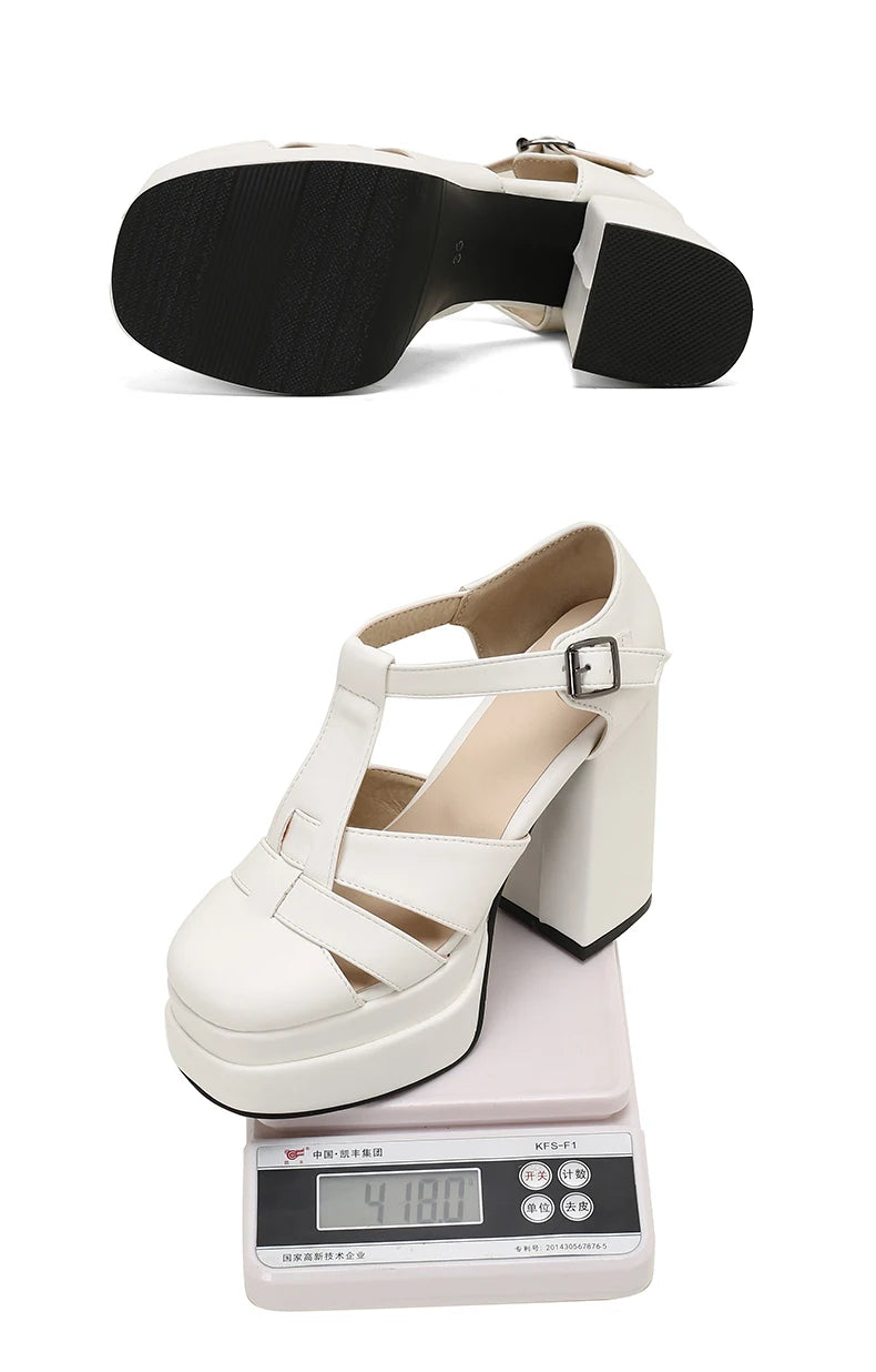 White platform sandals on a digital scale with a white background