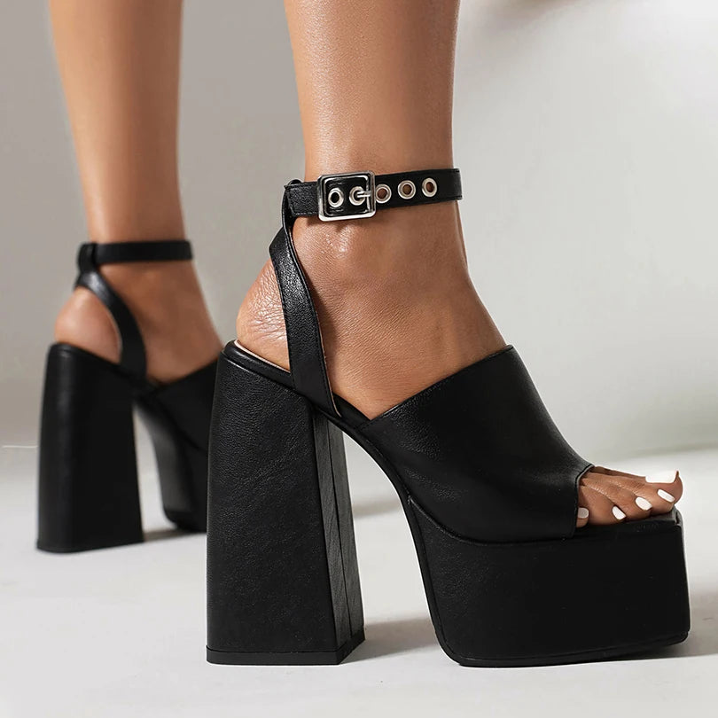 Cross‑Tie Peep‑Toe Platform Sandals – Super High Thick Heel with Circular Metal Buckle Ankle Strap Fashion Shoes