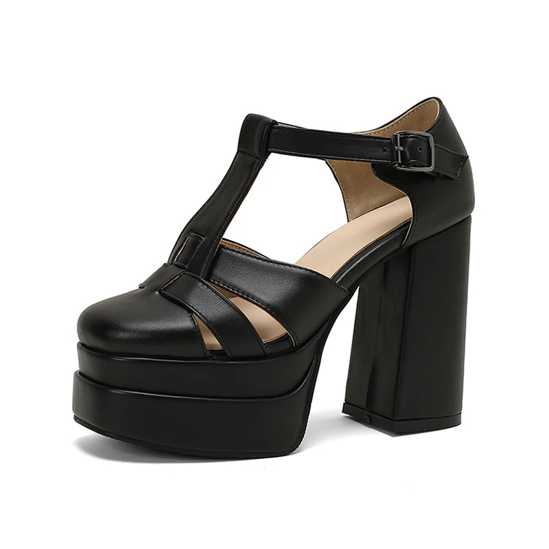 Plus‑Size Women Platform T‑Strap Sandals – Super High Thick Heel Fashion Sandals with Side Cutouts