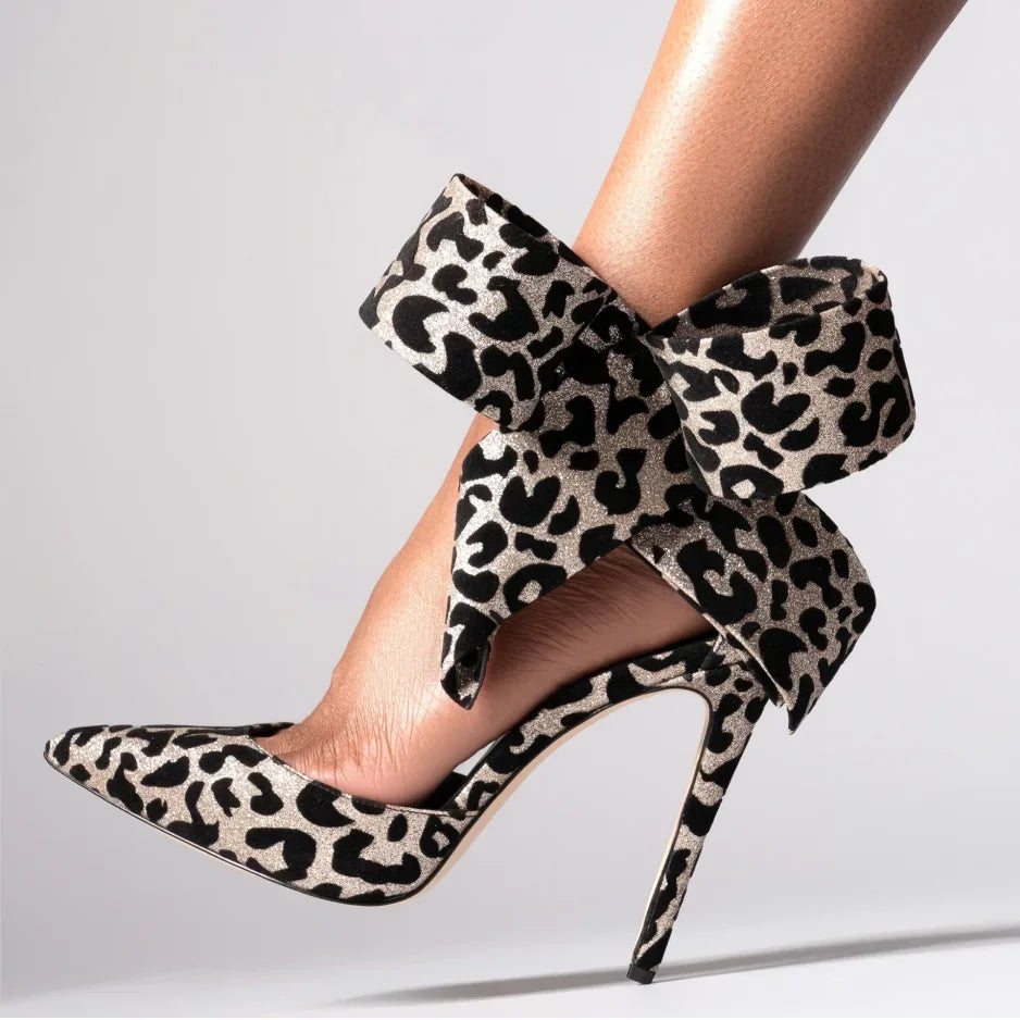 Women's Spotted Mesh Pumps with Big Bow, Pointed Toe Stiletto High Heels, Buckle Strap Dress Shoes for Party, Wedding & Banquet
