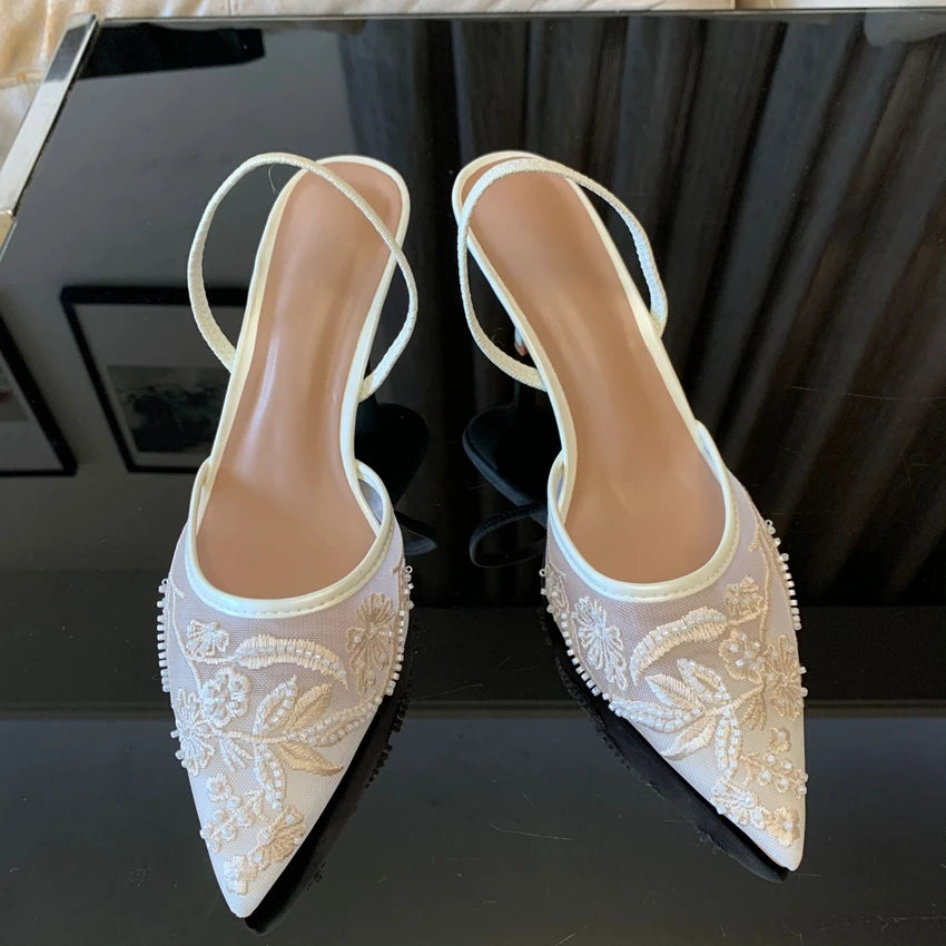 Designer White Mesh Flower Slingback Pumps – Embroidered High‑Heel Wedding & Dress Shoes for Women