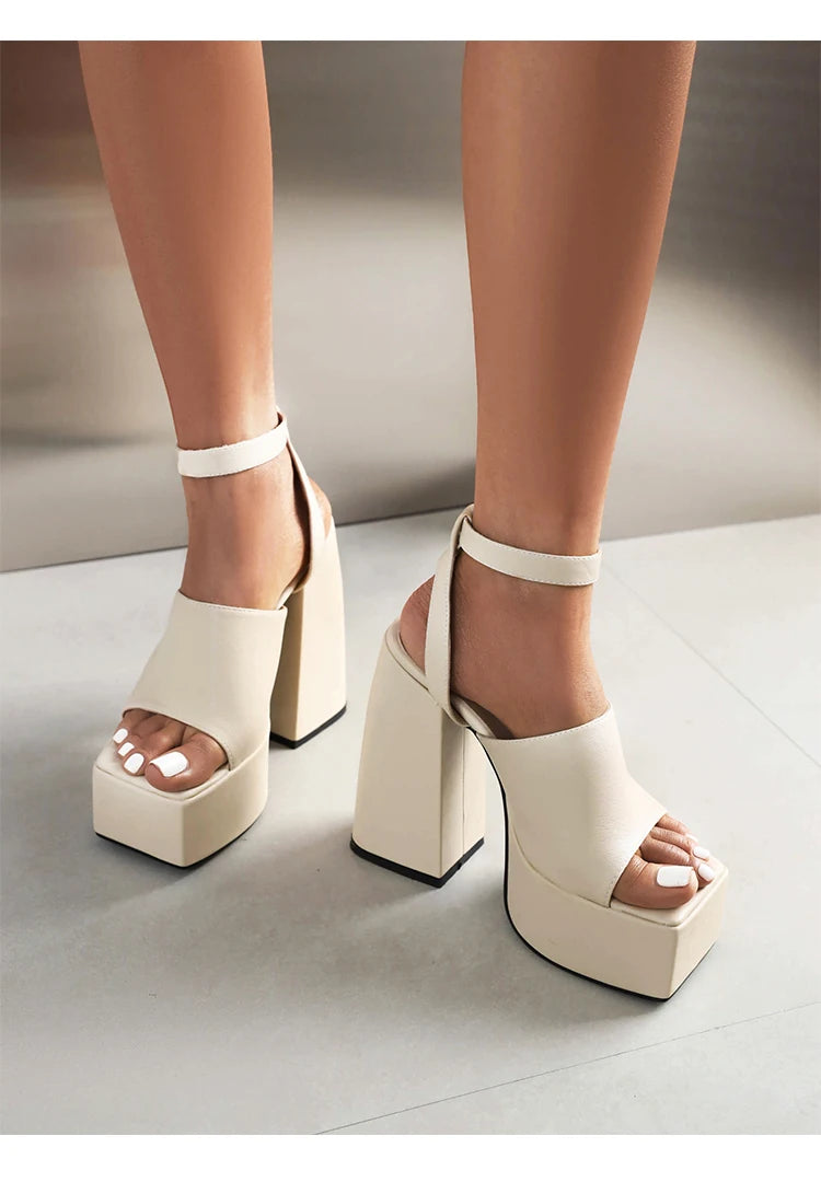 Cross‑Tie Peep‑Toe Platform Sandals – Super High Thick Heel with Circular Metal Buckle Ankle Strap Fashion Shoes