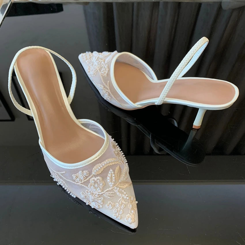 Designer White Mesh Flower Slingback Pumps – Embroidered High‑Heel Wedding & Dress Shoes for Women