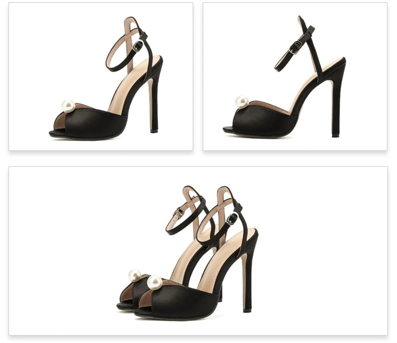 Lelia Silk Peep‑Toe Gladiator Sandals – Thin Heels with Pearl Ankle Strap Designer Style