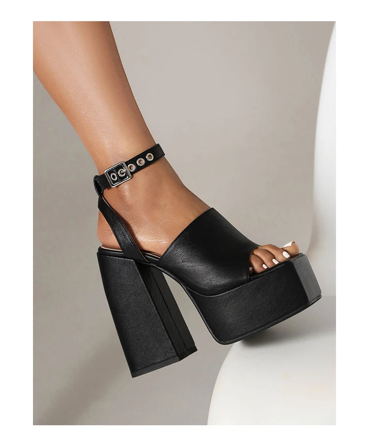 Cross‑Tie Peep‑Toe Platform Sandals – Super High Thick Heel with Circular Metal Buckle Ankle Strap Fashion Shoes
