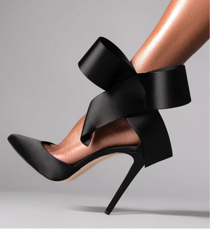 Women's Spotted Mesh Pumps with Big Bow, Pointed Toe Stiletto High Heels, Buckle Strap Dress Shoes for Party, Wedding & Banquet