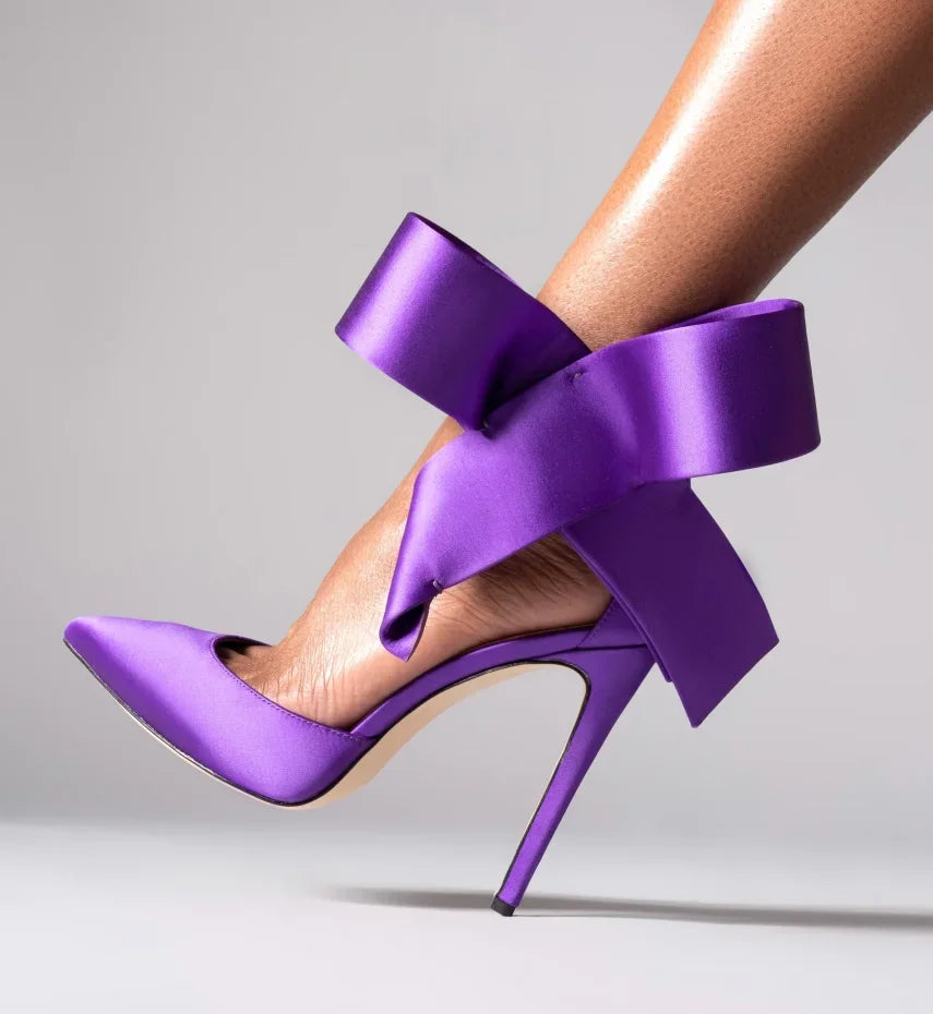 Women's Spotted Mesh Pumps with Big Bow, Pointed Toe Stiletto High Heels, Buckle Strap Dress Shoes for Party, Wedding & Banquet