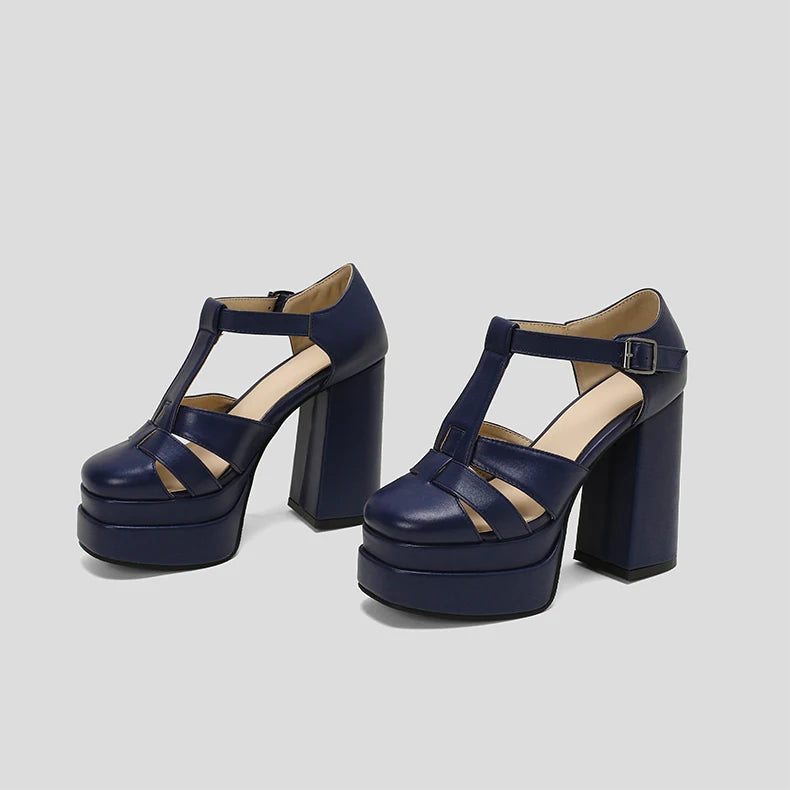Plus‑Size Women Platform T‑Strap Sandals – Super High Thick Heel Fashion Sandals with Side Cutouts