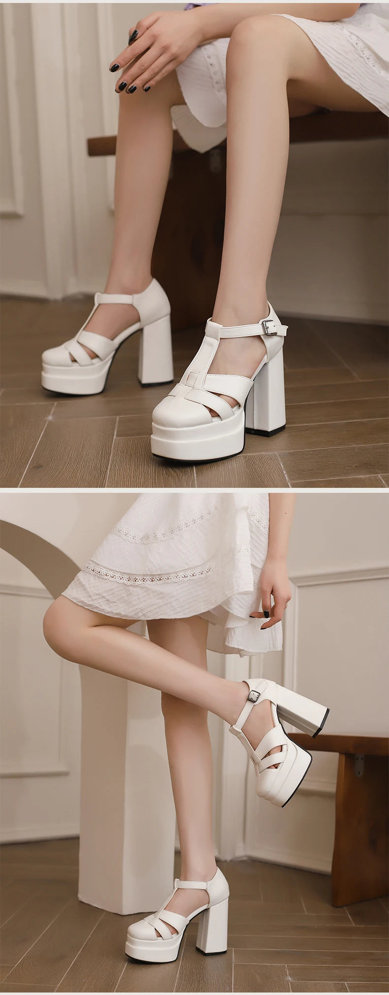 Plus‑Size Women Platform T‑Strap Sandals – Super High Thick Heel Fashion Sandals with Side Cutouts