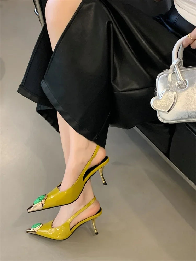 Women's Elegant Square-Toe Rhinestone Low-Heel Slingback Pumps, Sexy Metal Detail Dress Shoes for Weddings, Parties