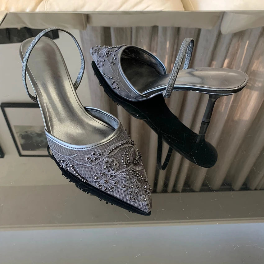 Designer White Mesh Flower Slingback Pumps – Embroidered High‑Heel Wedding & Dress Shoes for Women