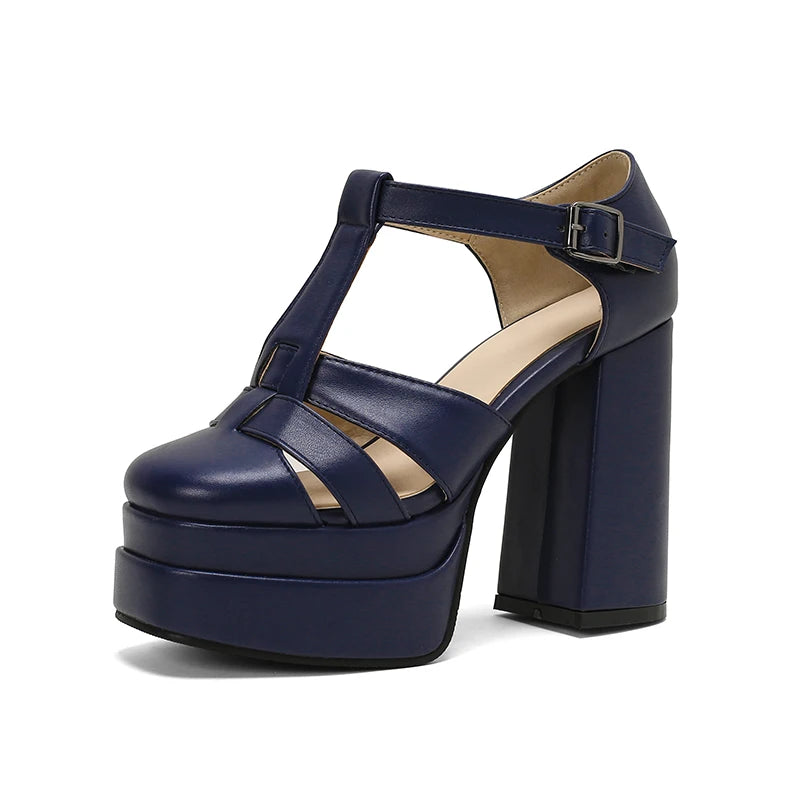 Plus‑Size Women Platform T‑Strap Sandals – Super High Thick Heel Fashion Sandals with Side Cutouts