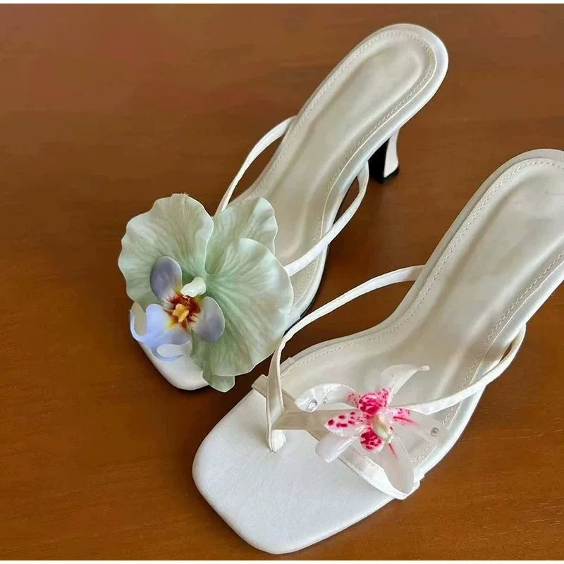 Hawaii Flower Heels – Asymmetrical Silk Clip‑Toe Sandals for Women | Summer Vacation Shoes