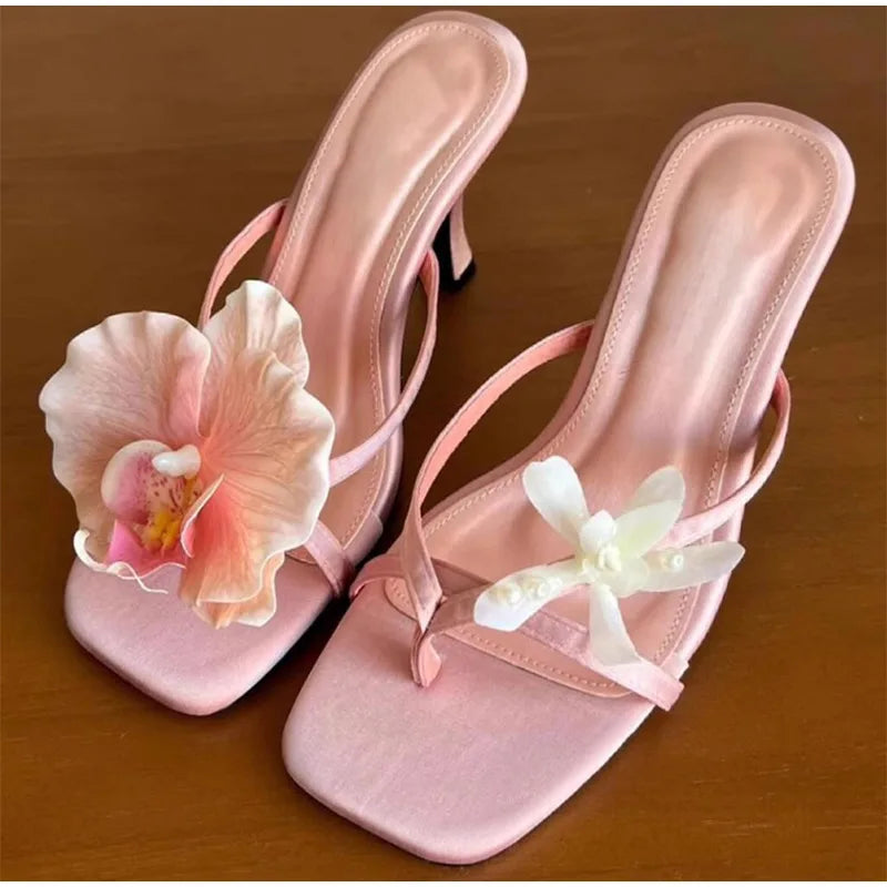 Hawaii Flower Heels – Asymmetrical Silk Clip‑Toe Sandals for Women | Summer Vacation Shoes