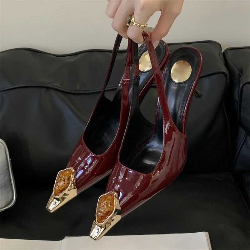 Women's Elegant Square-Toe Rhinestone Low-Heel Slingback Pumps, Sexy Metal Detail Dress Shoes for Weddings, Parties