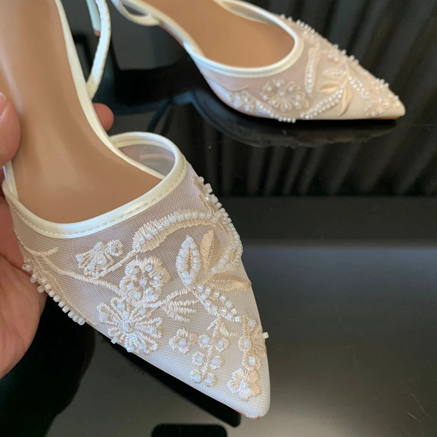 Designer White Mesh Flower Slingback Pumps – Embroidered High‑Heel Wedding & Dress Shoes for Women