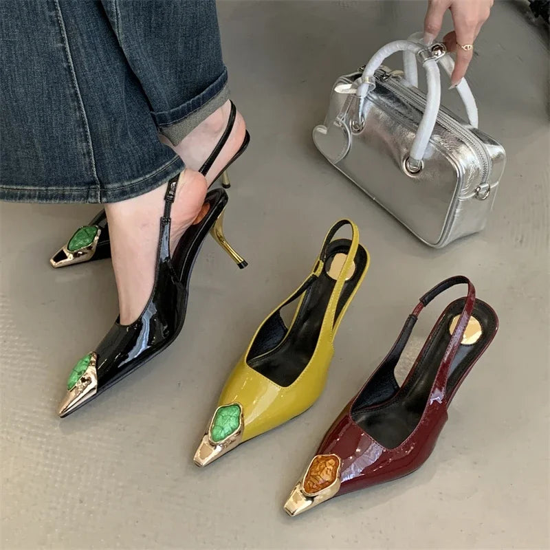 Women's Elegant Square-Toe Rhinestone Low-Heel Slingback Pumps, Sexy Metal Detail Dress Shoes for Weddings, Parties