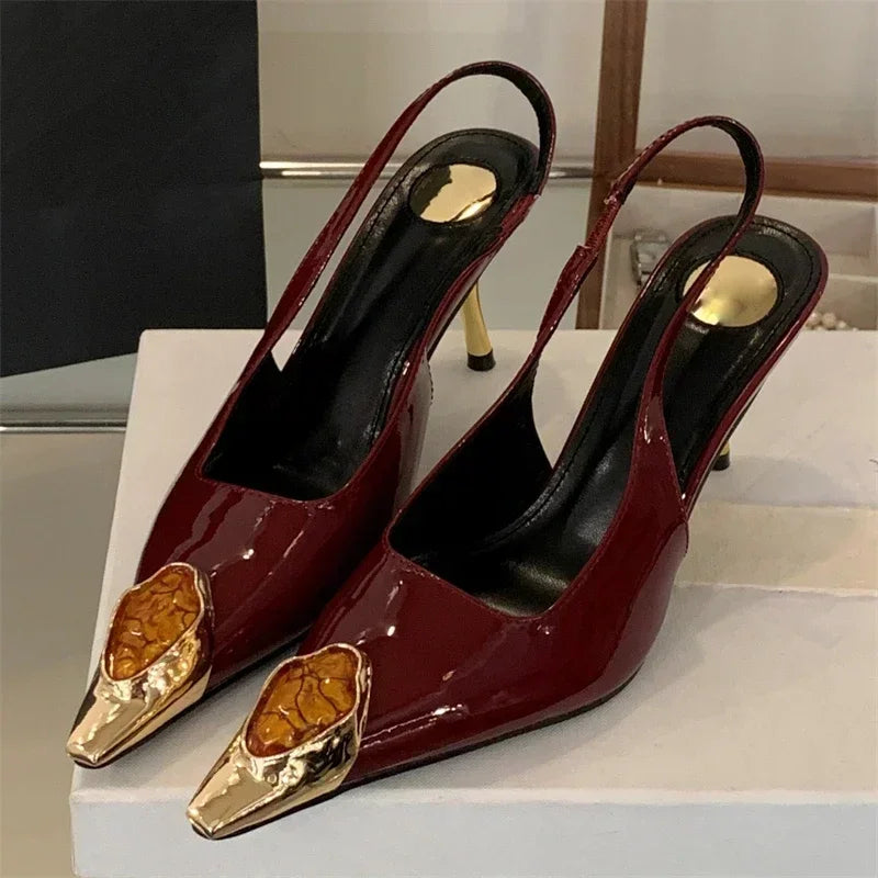 Women's Elegant Square-Toe Rhinestone Low-Heel Slingback Pumps, Sexy Metal Detail Dress Shoes for Weddings, Parties