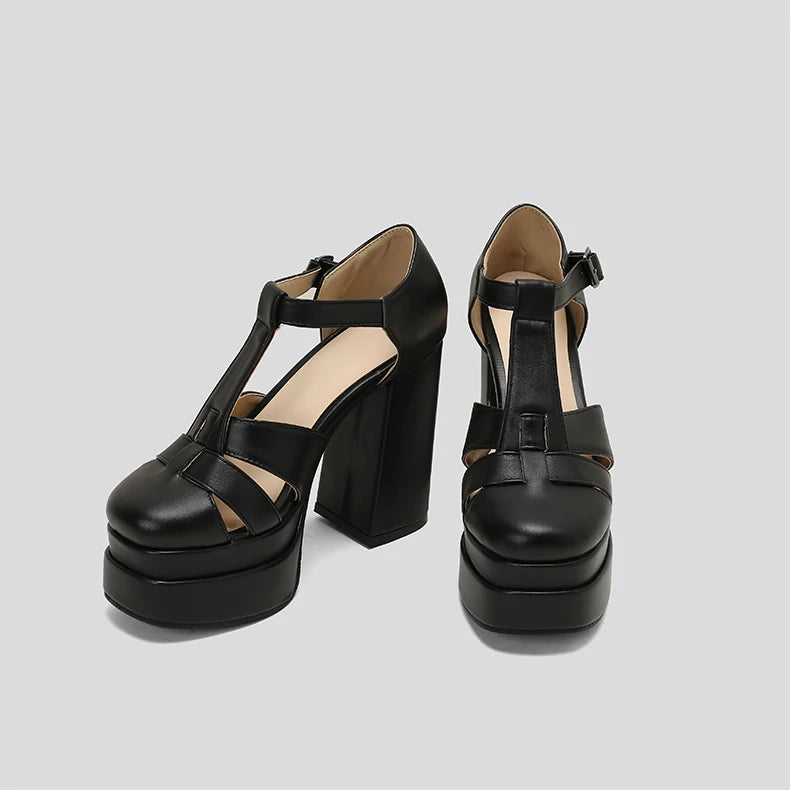 Plus‑Size Women Platform T‑Strap Sandals – Super High Thick Heel Fashion Sandals with Side Cutouts