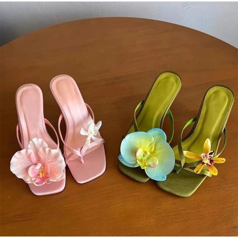 Hawaii Flower Heels – Asymmetrical Silk Clip‑Toe Sandals for Women | Summer Vacation Shoes