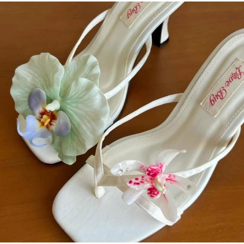 Hawaii Flower Heels – Asymmetrical Silk Clip‑Toe Sandals for Women | Summer Vacation Shoes