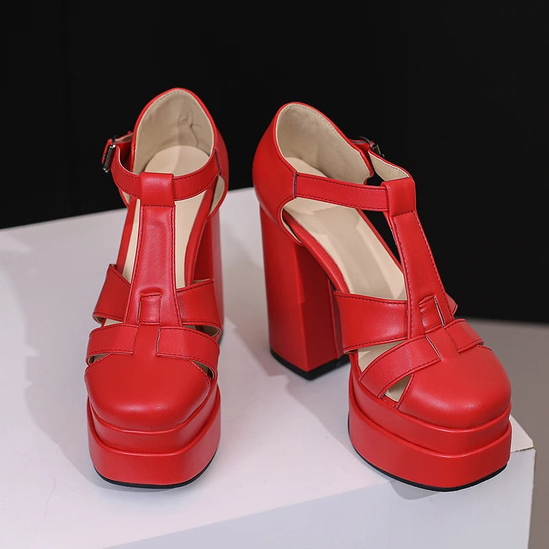 Plus‑Size Women Platform T‑Strap Sandals – Super High Thick Heel Fashion Sandals with Side Cutouts