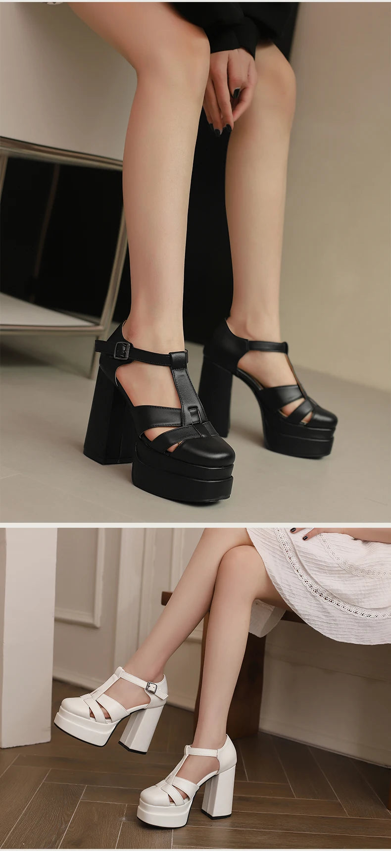 Plus‑Size Women Platform T‑Strap Sandals – Super High Thick Heel Fashion Sandals with Side Cutouts
