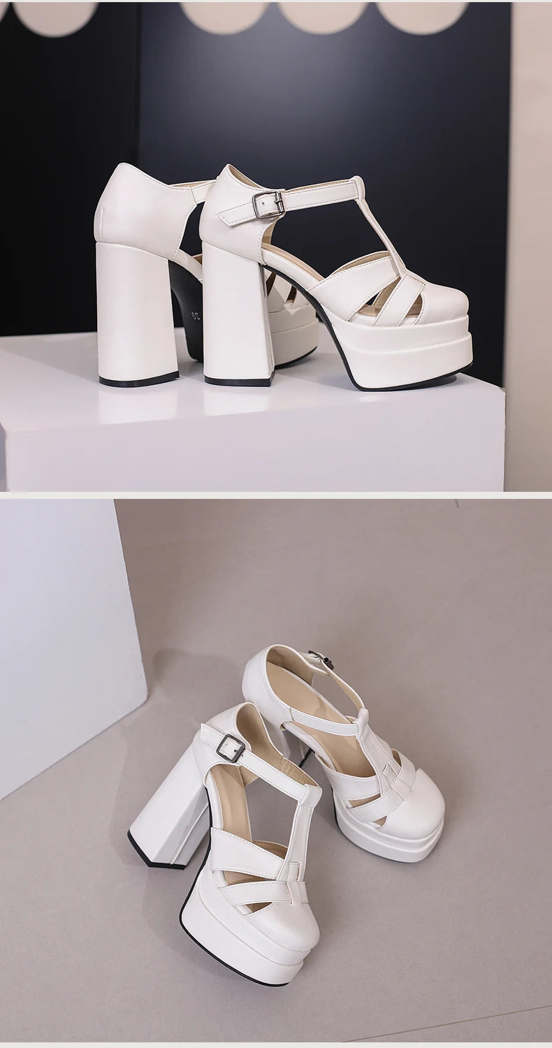 Plus‑Size Women Platform T‑Strap Sandals – Super High Thick Heel Fashion Sandals with Side Cutouts