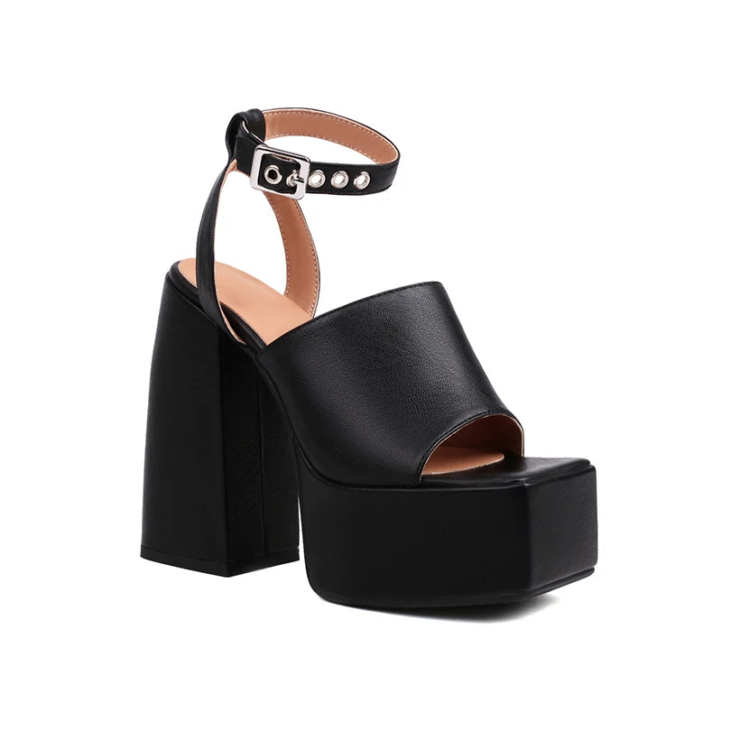Cross‑Tie Peep‑Toe Platform Sandals – Super High Thick Heel with Circular Metal Buckle Ankle Strap Fashion Shoes