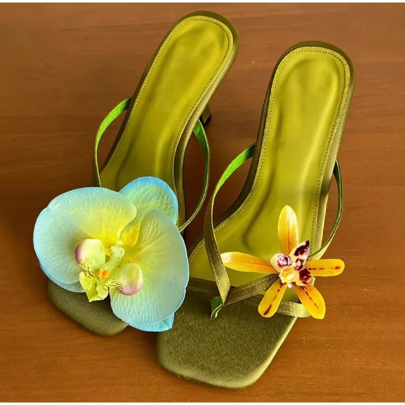 Hawaii Flower Heels – Asymmetrical Silk Clip‑Toe Sandals for Women | Summer Vacation Shoes
