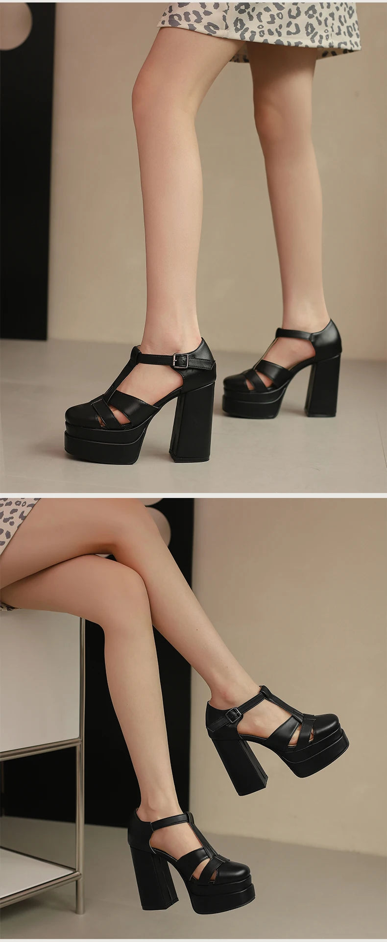 Plus‑Size Women Platform T‑Strap Sandals – Super High Thick Heel Fashion Sandals with Side Cutouts