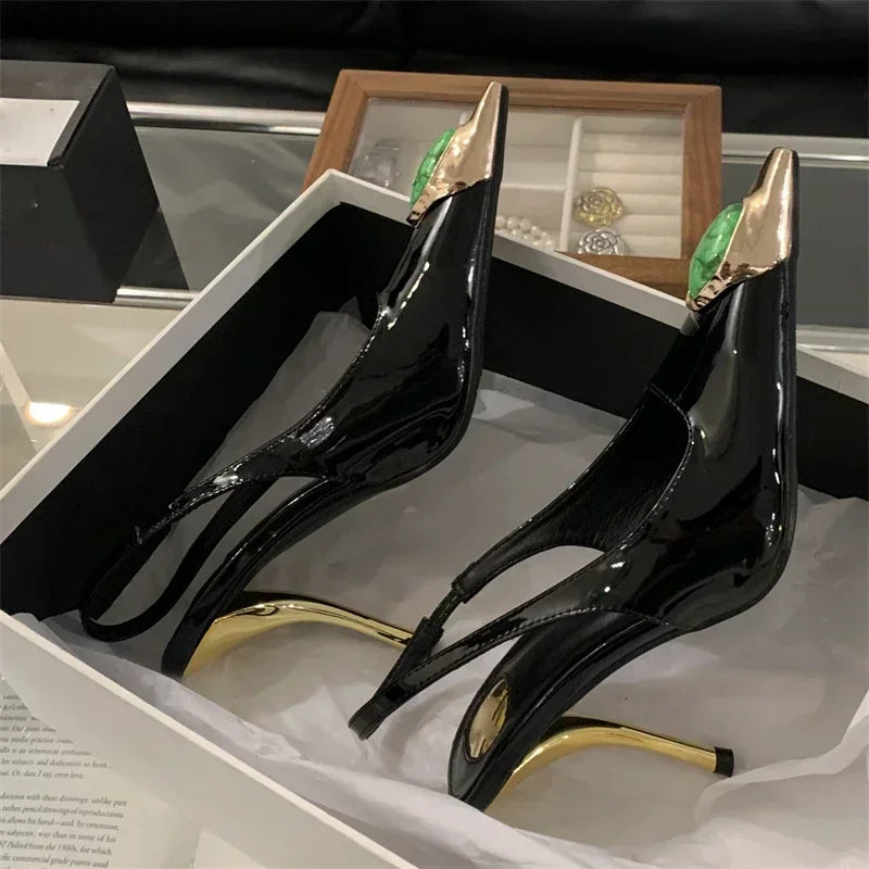 Women's Elegant Square-Toe Rhinestone Low-Heel Slingback Pumps, Sexy Metal Detail Dress Shoes for Weddings, Parties