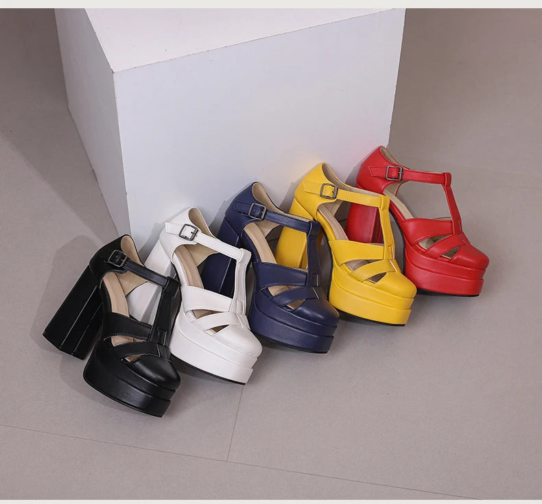 Plus‑Size Women Platform T‑Strap Sandals – Super High Thick Heel Fashion Sandals with Side Cutouts