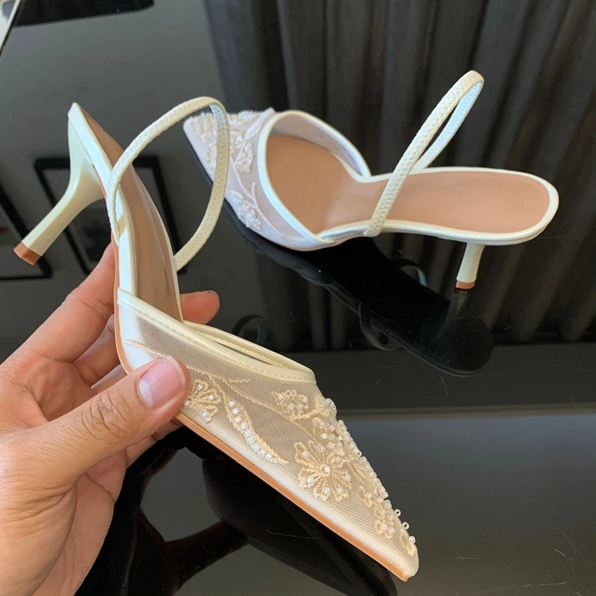 Designer White Mesh Flower Slingback Pumps – Embroidered High‑Heel Wedding & Dress Shoes for Women
