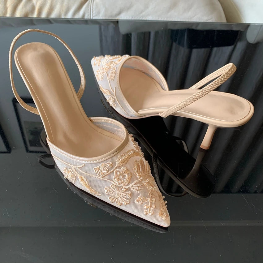 Designer White Mesh Flower Slingback Pumps – Embroidered High‑Heel Wedding & Dress Shoes for Women
