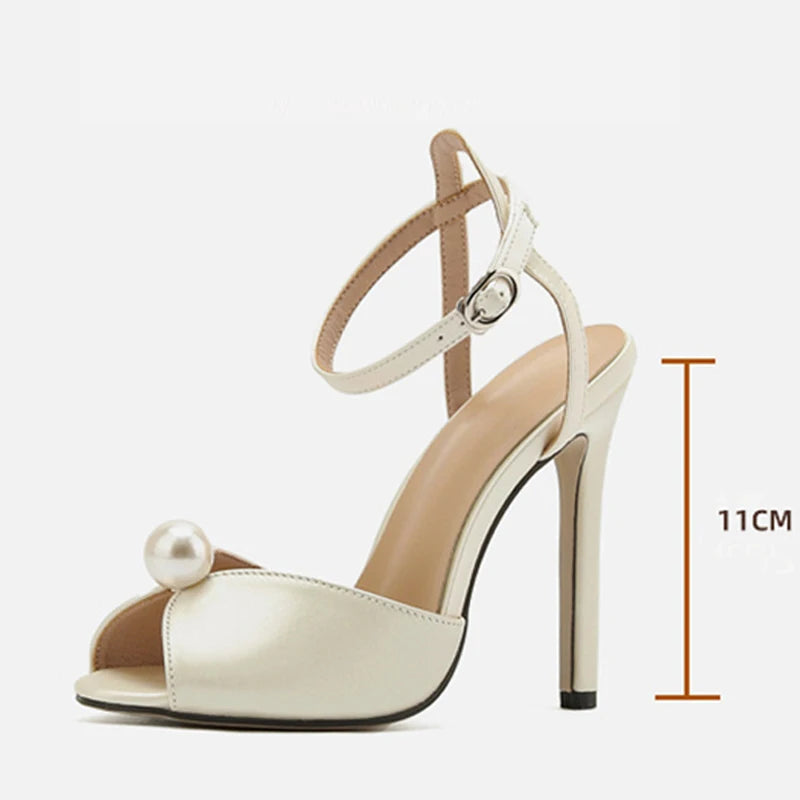 Lelia Silk Peep‑Toe Gladiator Sandals – Thin Heels with Pearl Ankle Strap Designer Style