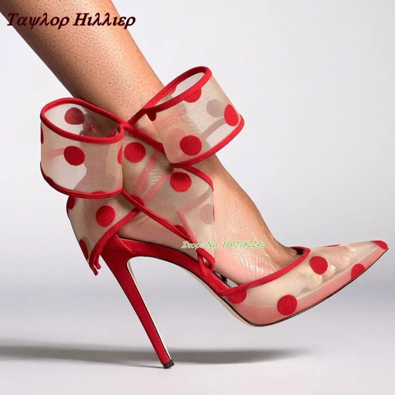 Women's Spotted Mesh Pumps with Big Bow, Pointed Toe Stiletto High Heels, Buckle Strap Dress Shoes for Party, Wedding & Banquet