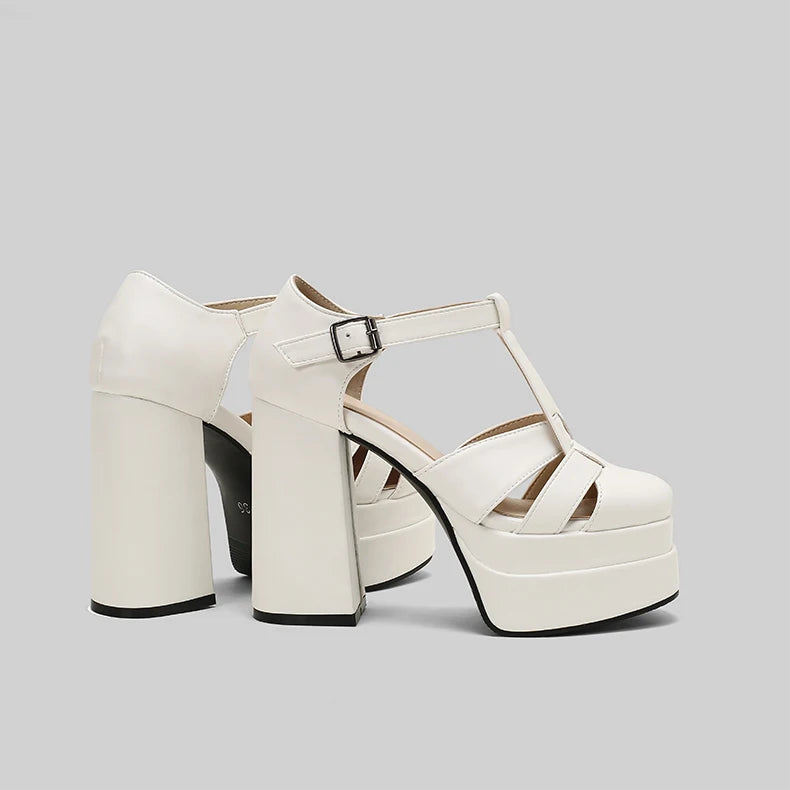 Plus‑Size Women Platform T‑Strap Sandals – Super High Thick Heel Fashion Sandals with Side Cutouts