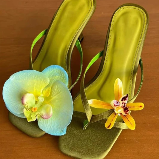 Hawaii Flower Heels – Asymmetrical Silk Clip‑Toe Sandals for Women | Summer Vacation Shoes
